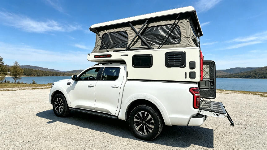White pop-up truck camper by a lake